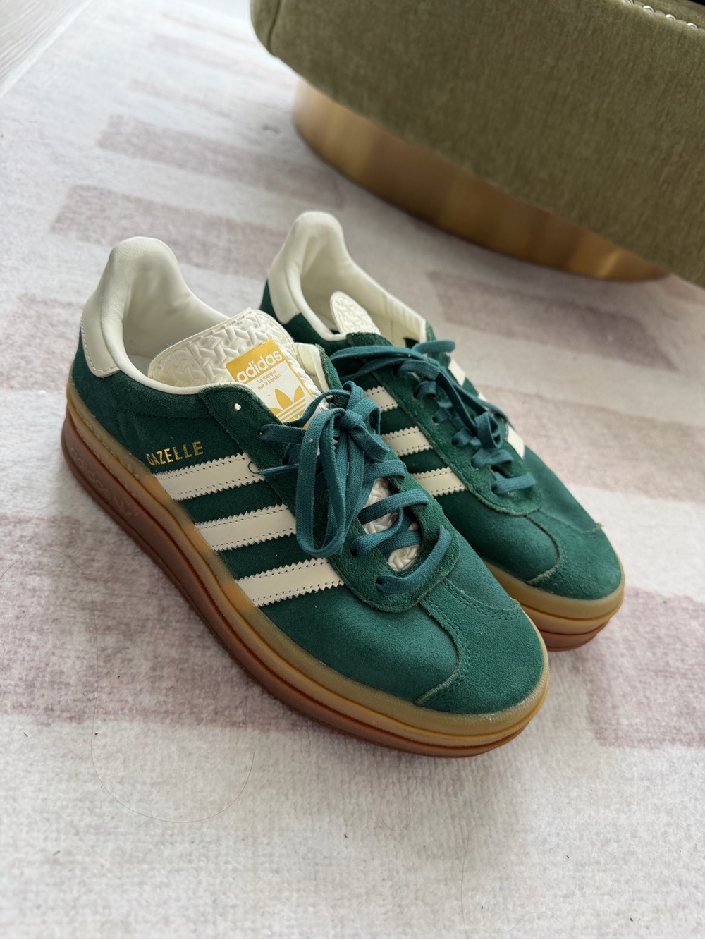 adidas Gazelle Women’s Green Suede Sneakers with White Stripes and Gum Sole